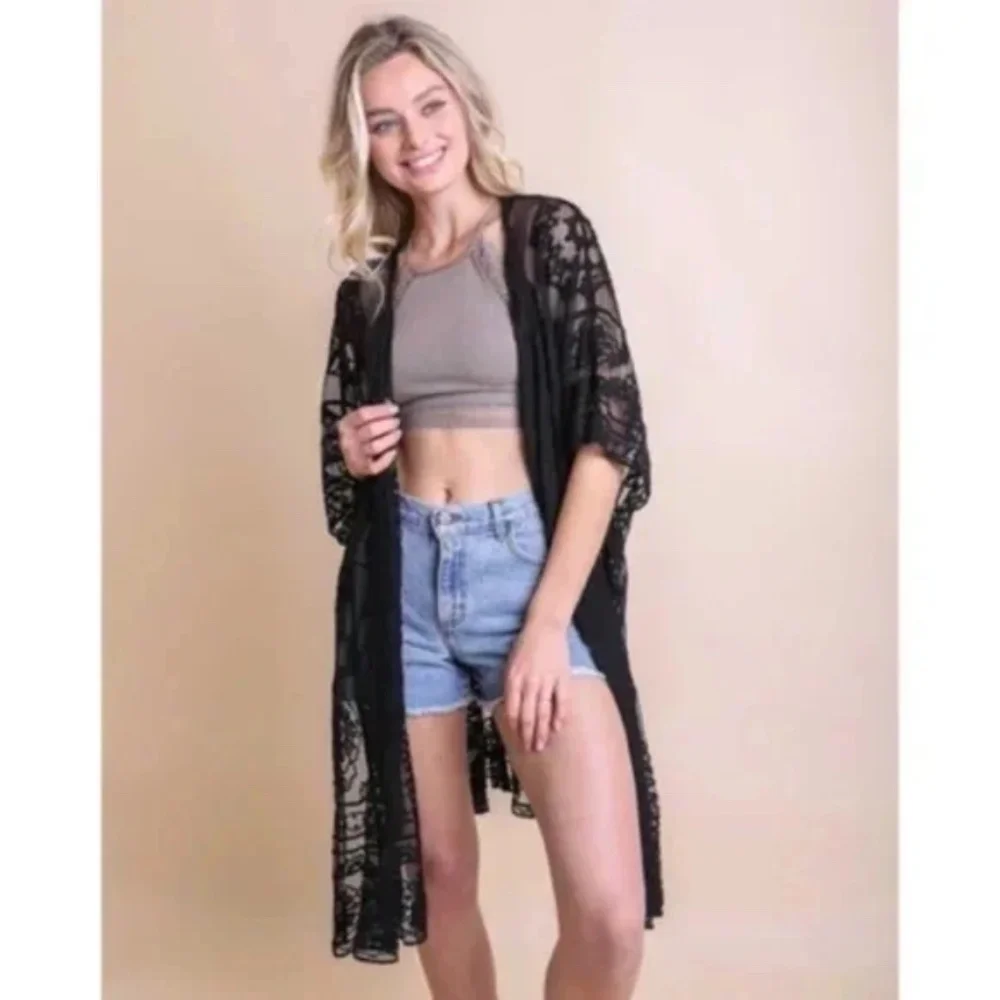 SOLD OUT Black Sheer Floral Lace Mandala Embroidered Mesh Kimono Open Wrap Top - Picture 2 of 4
